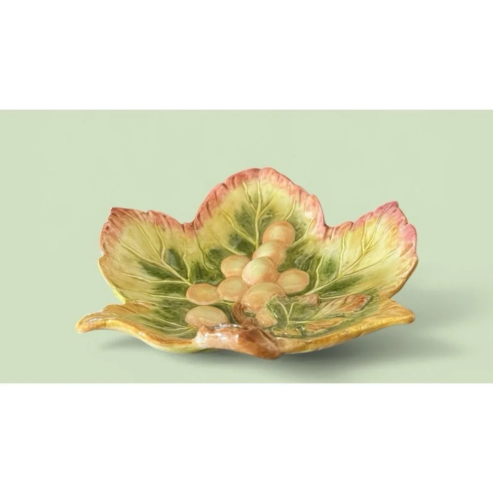 Fitz & Floyd Grape Vine Leaf Candy Nuts Trinket Bowl Dish Pastel Colors VTG